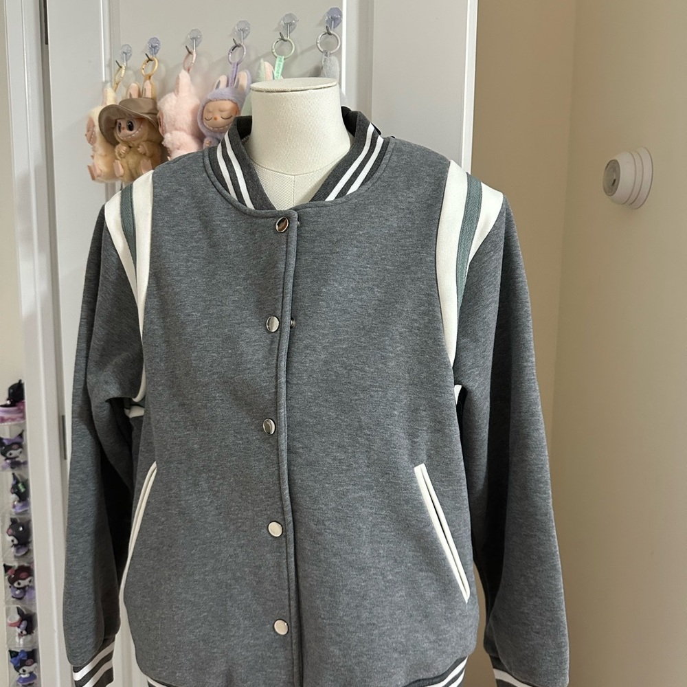 Gray Varsity Jacket with White Stripes